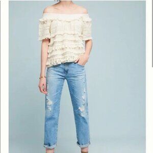 Anthro Love Sam Crochet Fringe Fall Winter Chic Off the Shoulder Top Cream Small